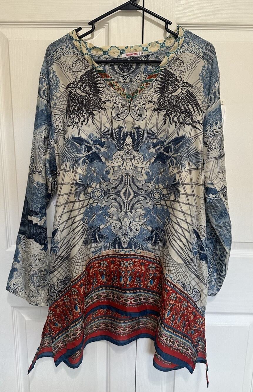 Johnny Was Bohemian Art to Wear Currency Print Silk Tunic Top Sz XL Flowy Boho
